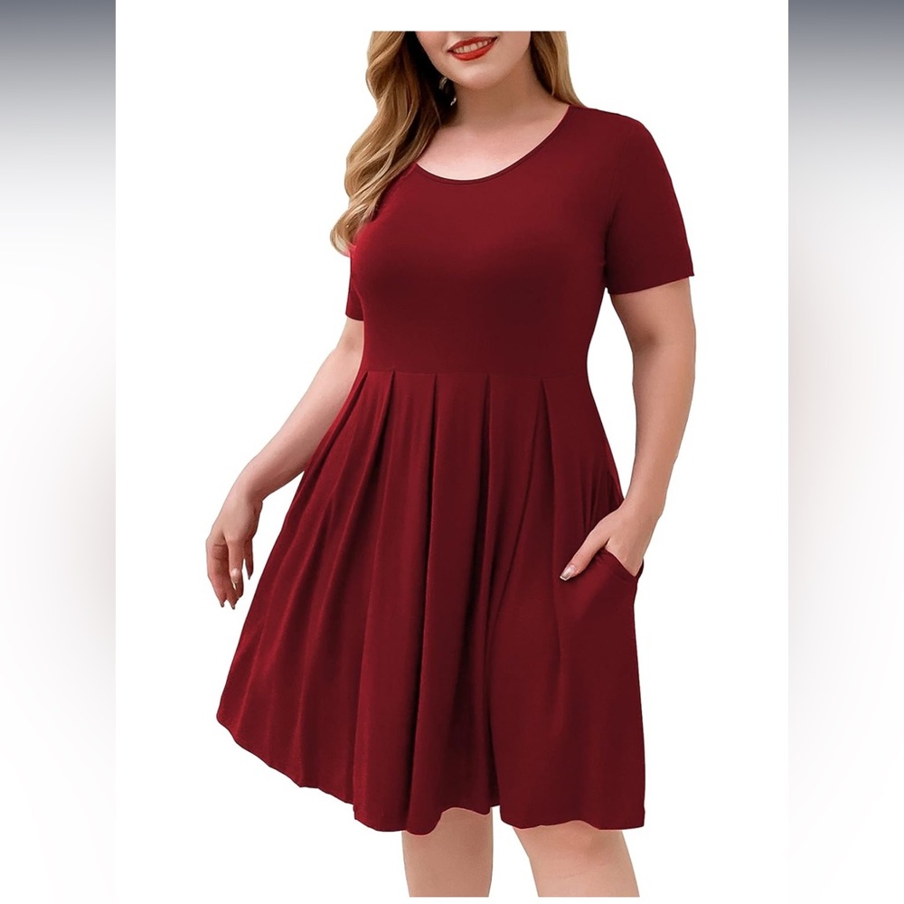 Nwt FOLUNSI Women's Short Sleeve Pleated Casual Dress with Pockets